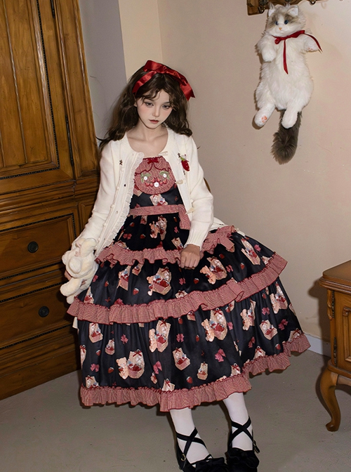 Pastoral Style Navy Blue Contrasting Colors Strawberry Embroidered Plaid Ruffles Sweet Lolita Sleeveless Long Dress