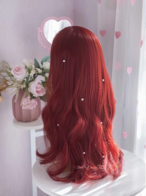 Fairy Tale Style Mermaid Raspberry Red Straight Bangs Long Curly Hair Sweet Lolita Wig