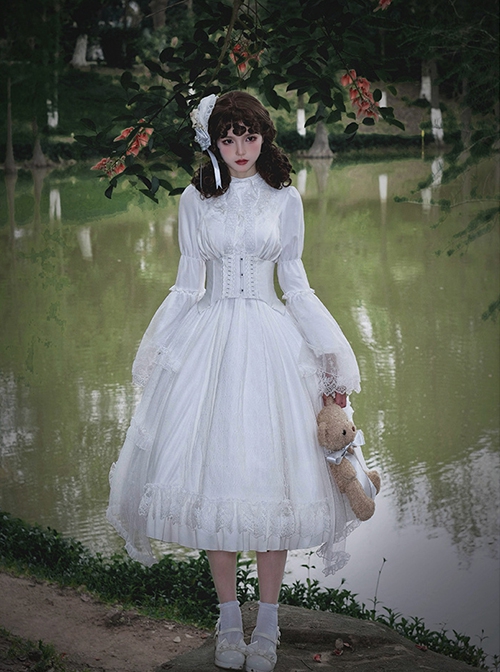 Requiem Series Cute Retro Ghost Doll Little Ghost White Gothic Lolita Long Sleeves Dress Fishbone Girdle Set