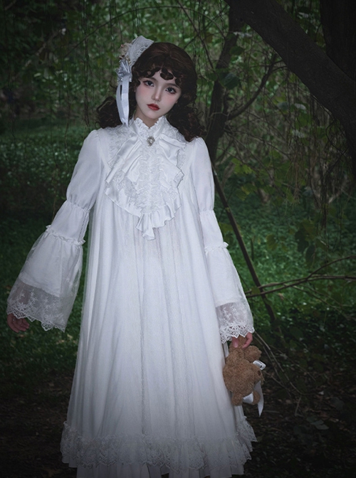 Requiem Series Cute Retro Ghost Doll Little Ghost White Gothic Lolita Long Sleeves Dress Fishbone Girdle Set