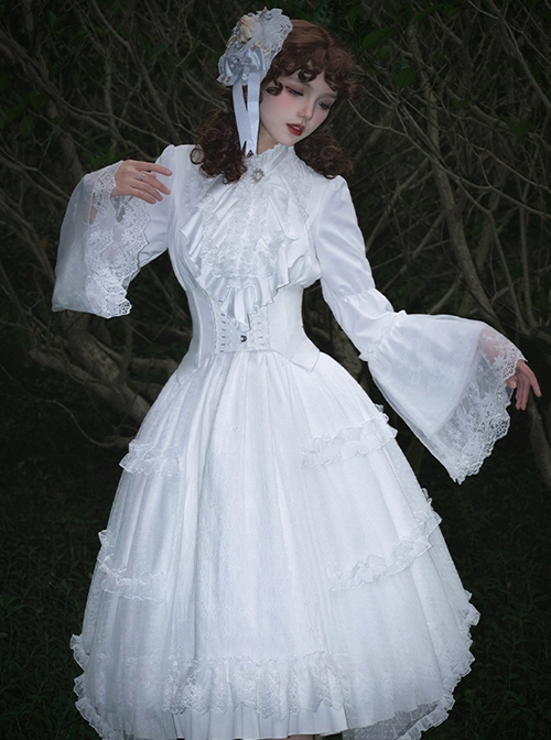 Requiem Series Cute Retro Ghost Doll Little Ghost White Gothic Lolita Long Sleeves Dress Fishbone Girdle Set