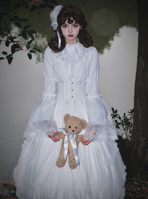 Requiem Series Cute Retro Ghost Doll Little Ghost White Gothic Lolita Long Sleeves Dress Fishbone Girdle Set