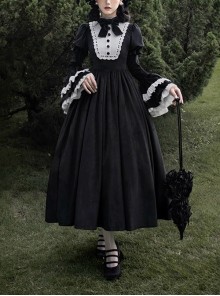 Sleepless Night Series Black White Contrast Small Turtleneck Classic Lolita Soft Velvet Ruffles Long Sleeves Dress