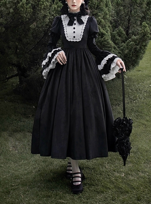 Sleepless Night Series Black White Contrast Small Turtleneck Classic Lolita Soft Velvet Ruffles Long Sleeves Dress