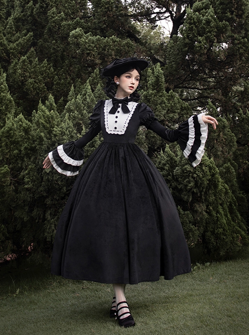 Sleepless Night Series Black White Contrast Small Turtleneck Classic Lolita Soft Velvet Ruffles Long Sleeves Dress