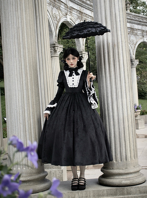 Sleepless Night Series Black White Contrast Small Turtleneck Classic Lolita Soft Velvet Ruffles Long Sleeves Dress