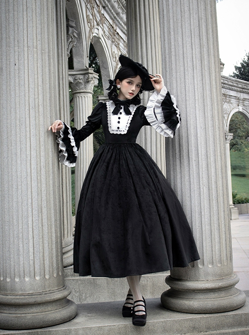 Sleepless Night Series Black White Contrast Small Turtleneck Classic Lolita Soft Velvet Ruffles Long Sleeves Dress