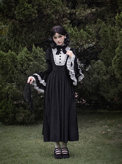 Sleepless Night Series Black White Contrast Small Turtleneck Classic Lolita Soft Velvet Ruffles Long Sleeves Dress