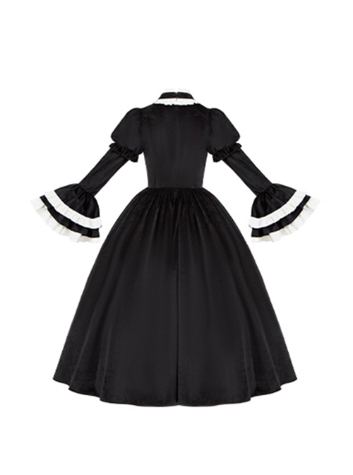 Sleepless Night Series Black White Contrast Small Turtleneck Classic Lolita Soft Velvet Ruffles Long Sleeves Dress