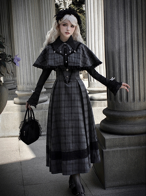 Letterhead Series British Style Autumn Winter Black Plaid Elegant Gothic Lolita Bustier Sundress Shawl Shirt Set