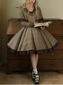 Baker Street Past Series Brown British College Style Fake Two Pieces School Lolita Long Sleeves Dress