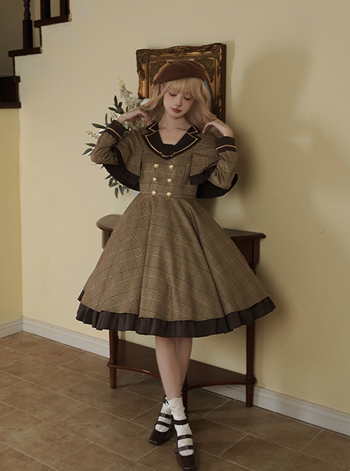 Baker Street Past Series Brown British College Style Fake Two Pieces School Lolita Long Sleeves Dress