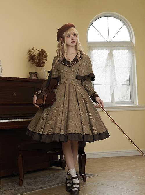 Baker Street Past Series Brown British College Style Fake Two Pieces School Lolita Long Sleeves Dress