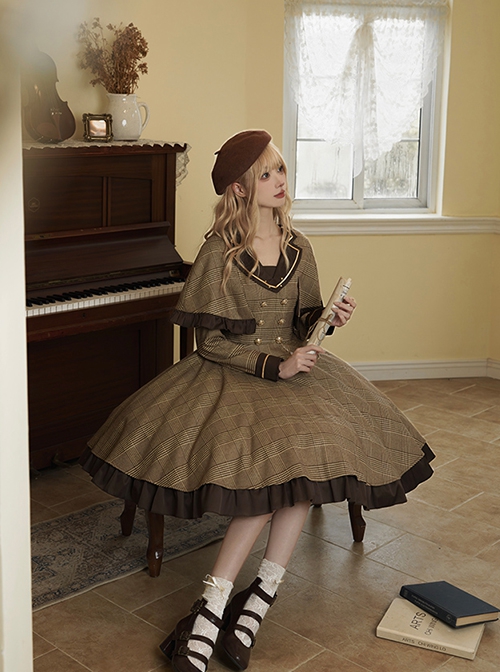 Baker Street Past Series Brown British College Style Fake Two Pieces School Lolita Long Sleeves Dress