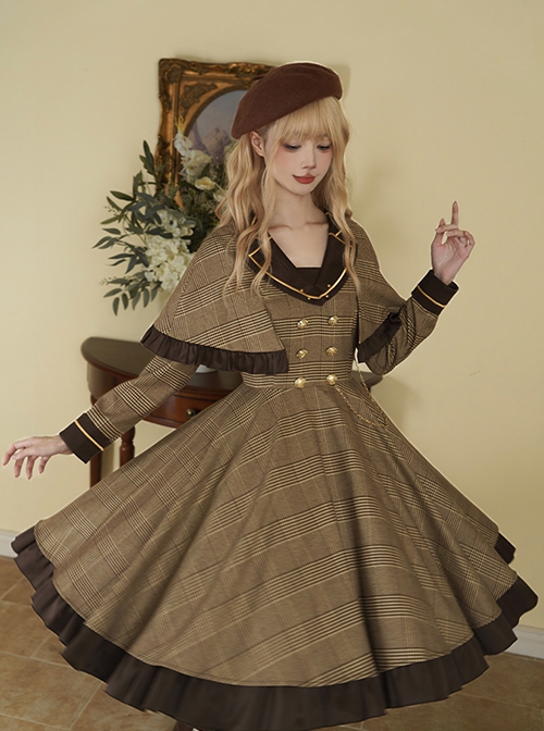 Baker Street Past Series Brown British College Style Fake Two Pieces School Lolita Long Sleeves Dress