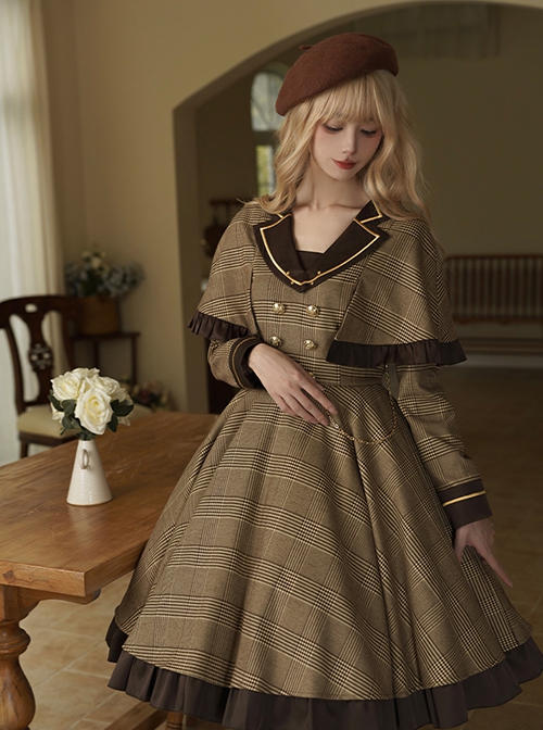 Baker Street Past Series Brown British College Style Fake Two Pieces School Lolita Long Sleeves Dress