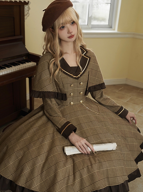 Baker Street Past Series Brown British College Style Fake Two Pieces School Lolita Long Sleeves Dress