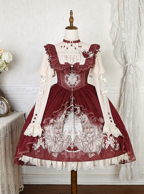 Rabbit In Mirror Series Fairy Tale Style Retro Sweet Lolita Elegance Lamb Leg Sleeves Shirt Cute Red Dress Set