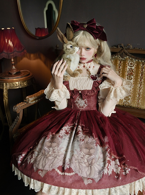 Rabbit In Mirror Series Fairy Tale Style Retro Sweet Lolita Elegance Lamb Leg Sleeves Shirt Cute Red Dress Set