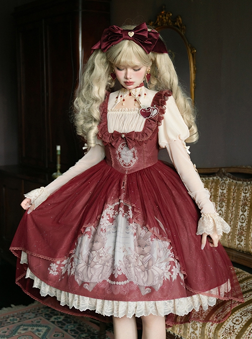 Rabbit In Mirror Series Fairy Tale Style Retro Sweet Lolita Elegance Lamb Leg Sleeves Shirt Cute Red Dress Set