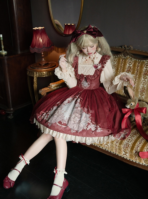 Rabbit In Mirror Series Fairy Tale Style Retro Sweet Lolita Elegance Lamb Leg Sleeves Shirt Cute Red Dress Set