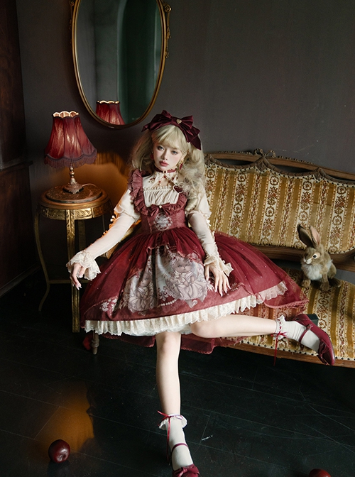 Rabbit In Mirror Series Fairy Tale Style Retro Sweet Lolita Elegance Lamb Leg Sleeves Shirt Cute Red Dress Set