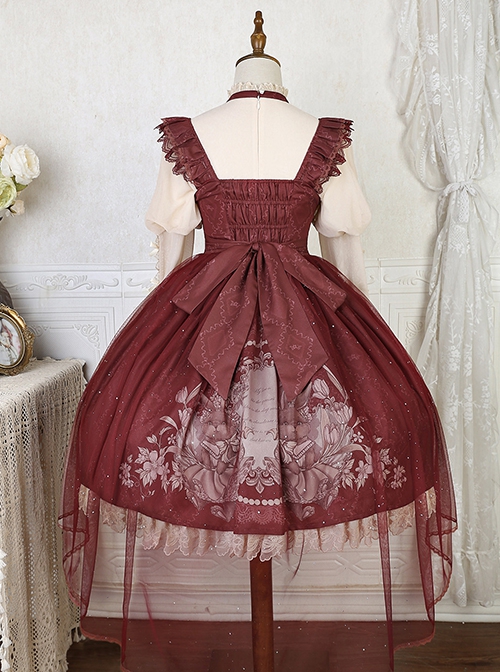 Rabbit In Mirror Series Fairy Tale Style Retro Sweet Lolita Elegance Lamb Leg Sleeves Shirt Cute Red Dress Set