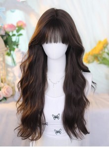 Korean Style Elegant Versatile Fashionable Brown Straight Bangs Long Curly Hair Classic Lolita Wig