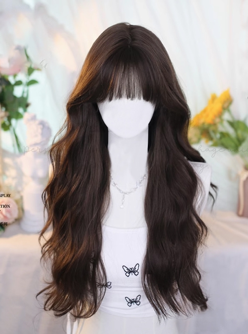 Korean Style Elegant Versatile Fashionable Brown Straight Bangs Long Curly Hair Classic Lolita Wig