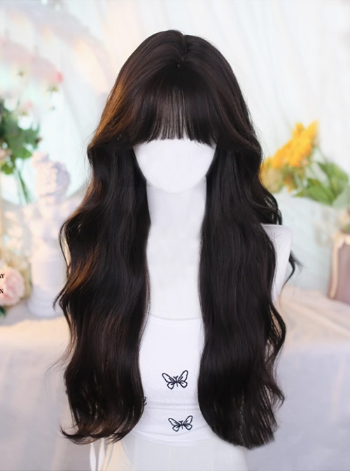 Korean Style Elegant Versatile Fashionable Brown Straight Bangs Long Curly Hair Classic Lolita Wig