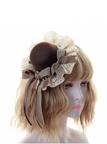 Coffee Brown Cute Tiramisu Plaid British Style Sweet Lolita Lace Ruffles Bowknot Round Small Hat