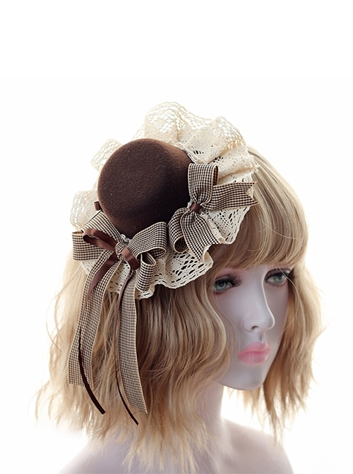 Coffee Brown Cute Tiramisu Plaid British Style Sweet Lolita Lace Ruffles Bowknot Round Small Hat