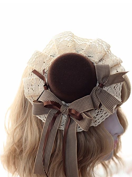 Coffee Brown Cute Tiramisu Plaid British Style Sweet Lolita Lace Ruffles Bowknot Round Small Hat