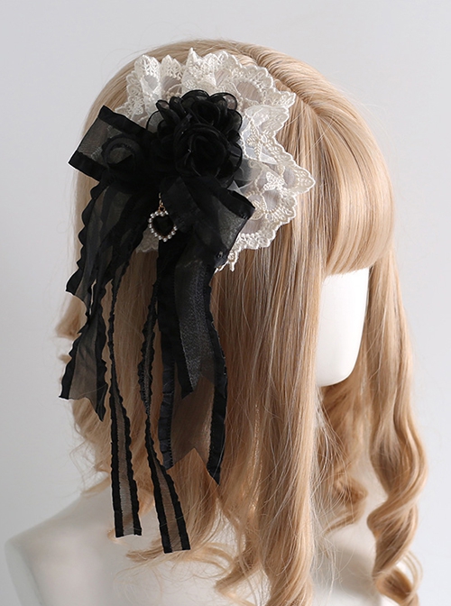 Sweet Lace Black Mesh Yarn Bowknot Elegant Classic Lolita Heart Pendant Dual Use Brooch Hanamaru Hairpin