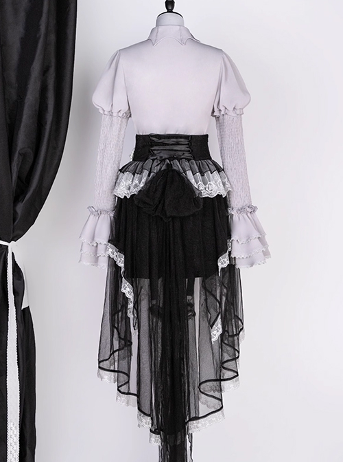 Dark Fairy Tale Vampire Noble Gray Black Lace Mesh Yarn Halloween Gothic Lolita Shirt Skirt Short Pants Hairpin Set