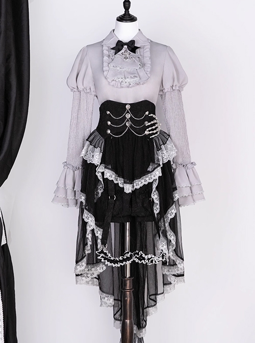 Dark Fairy Tale Vampire Noble Gray Black Lace Mesh Yarn Halloween Gothic Lolita Shirt Skirt Short Pants Hairpin Set