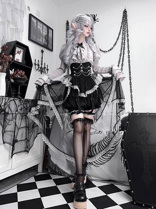 Dark Fairy Tale Vampire Noble Gray Black Lace Mesh Yarn Halloween Gothic Lolita Shirt Skirt Short Pants Hairpin Set