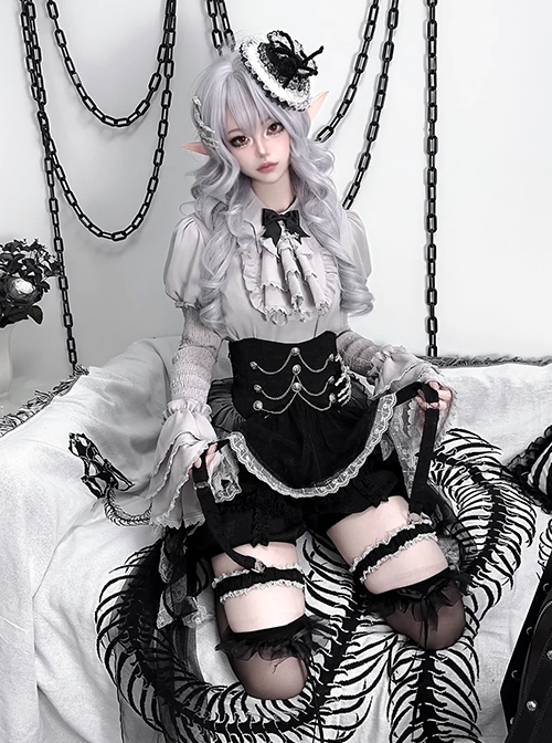 Dark Fairy Tale Vampire Noble Gray Black Lace Mesh Yarn Halloween Gothic Lolita Shirt Skirt Short Pants Hairpin Set