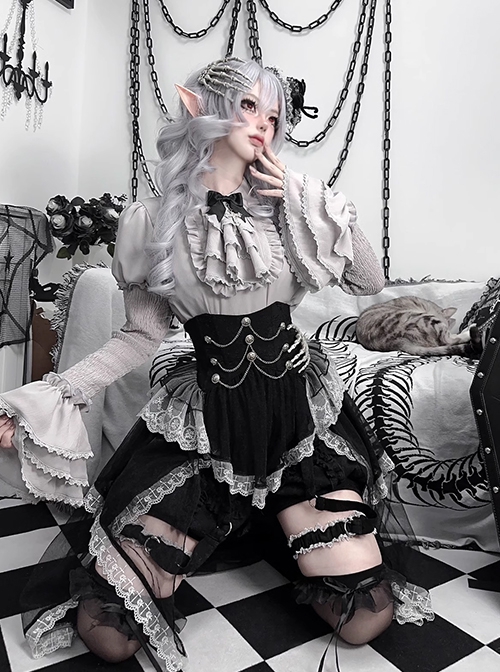 Dark Fairy Tale Vampire Noble Gray Black Lace Mesh Yarn Halloween Gothic Lolita Shirt Skirt Short Pants Hairpin Set