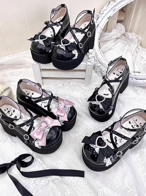 Japanese Showa Style Landmine Girl Cross Straps Round Toe Sweet Lolita Rhinestones Bowknot High Heels Platform Shoes