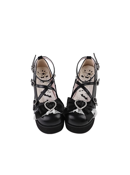 Japanese Showa Style Landmine Girl Cross Straps Round Toe Sweet Lolita Rhinestones Bowknot High Heels Platform Shoes