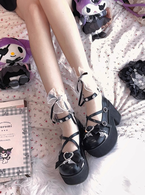 Japanese Showa Style Landmine Girl Cross Straps Round Toe Sweet Lolita Rhinestones Bowknot High Heels Platform Shoes