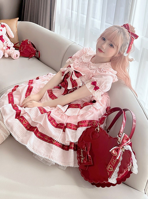 PU Biscuit Heart Shape Lace Bowknot Sweet Lolita Cute Large Size Handbag Kawaii Girl Crossbody Bag