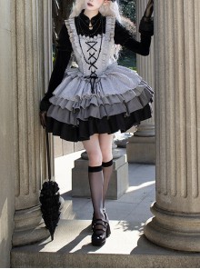 Halloween Witch Ribbon Straps Fake Two-Piece Gradient Black Silver Gothic Lolita Long Ruffles Sleeve Fluffy Dress