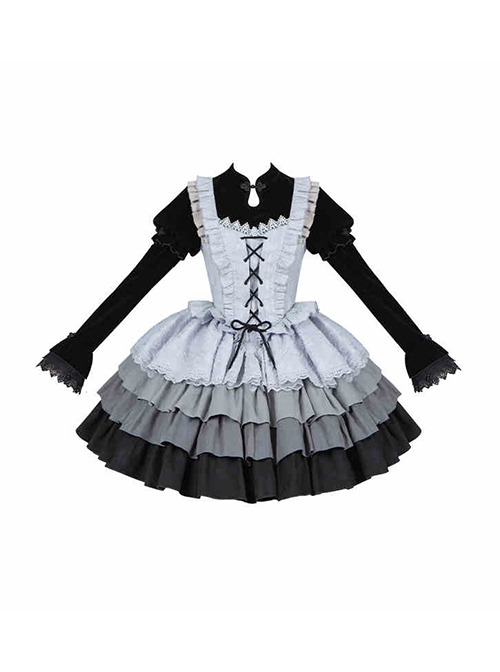 Halloween Witch Ribbon Straps Fake Two-Piece Gradient Black Silver Gothic Lolita Long Ruffles Sleeve Fluffy Dress