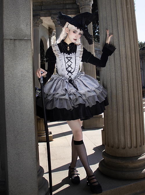 Halloween Witch Ribbon Straps Fake Two-Piece Gradient Black Silver Gothic Lolita Long Ruffles Sleeve Fluffy Dress