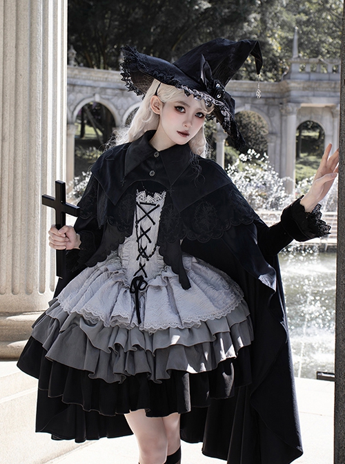 Halloween Witch Ribbon Straps Fake Two-Piece Gradient Black Silver Gothic Lolita Long Ruffles Sleeve Fluffy Dress