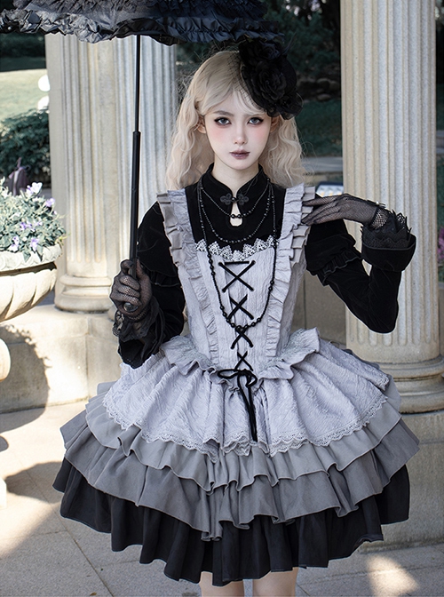 Halloween Witch Ribbon Straps Fake Two-Piece Gradient Black Silver Gothic Lolita Long Ruffles Sleeve Fluffy Dress