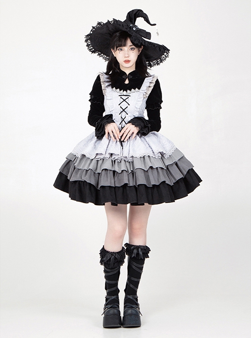 Halloween Witch Ribbon Straps Fake Two-Piece Gradient Black Silver Gothic Lolita Long Ruffles Sleeve Fluffy Dress