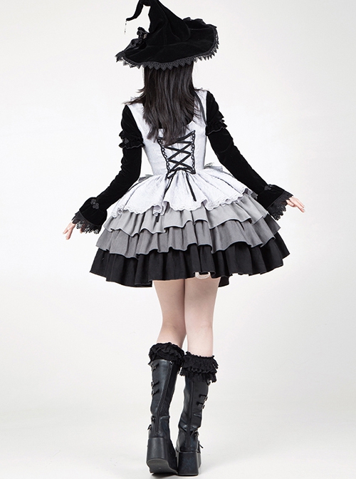 Halloween Witch Ribbon Straps Fake Two-Piece Gradient Black Silver Gothic Lolita Long Ruffles Sleeve Fluffy Dress